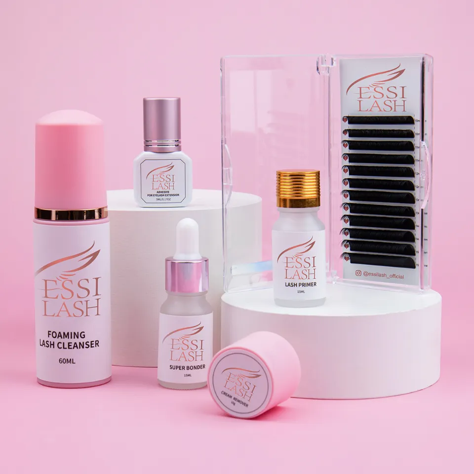 Complete eyelash extension preparation and aftercare kit including foaming lash cleanser, lash primer, adhesive, bonder, and classic lash tray from ESSI Lash