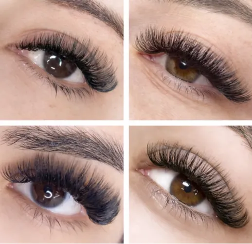 Close-up collage of four different mega volume eyelash extension sets on brown-eyed clients, showcasing dense