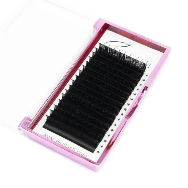 Tray of black 0.03 easy fan blooming lashes in a pink case, ideal for creating fast and uniform mega volume lash fans