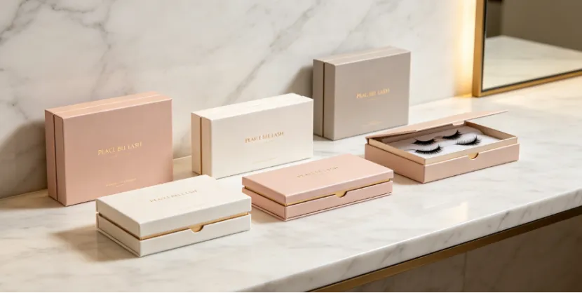 Assorted PLACE BEAU LASH product boxes on a marble surface.
