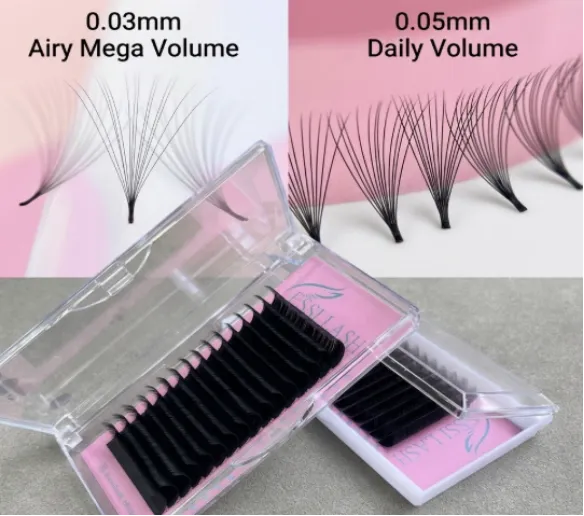 Comparison of 0.03mm and 0.05mm volume lashes.