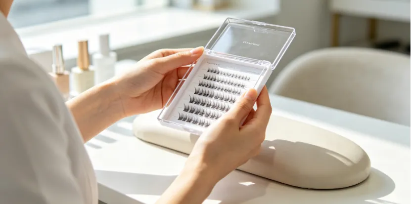 Hands holding an open clear case of individual false eyelash clusters.
