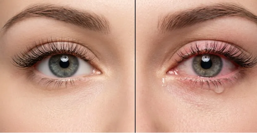 Comparación lado a lado de un ojo sano y un ojo rojo e irritado.
