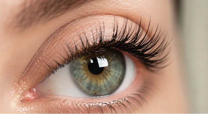 Close-up of a green eye with flawless eyelash extensions