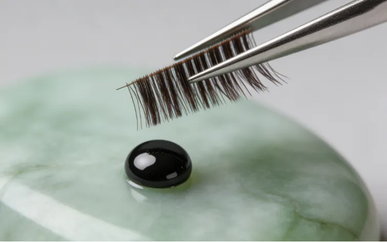 Drop of lash adhesive on a jade stone with tweezers