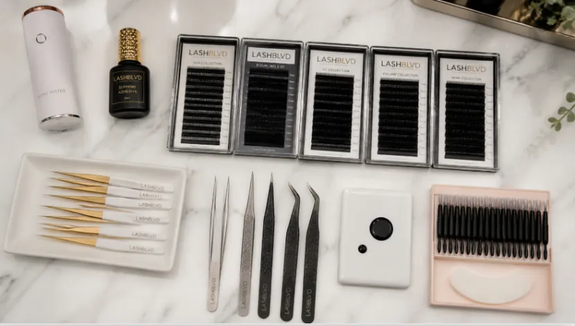 Flat lay of professional eyelash extension supplies on a marble counter