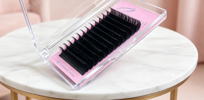 Premium volume lash extension tray on a marble table