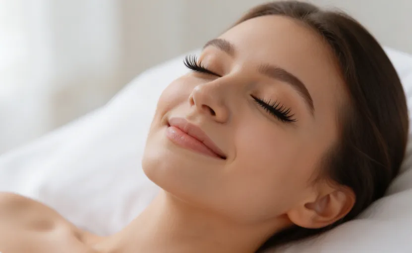 Smiling salon client with perfect eyelash extensions