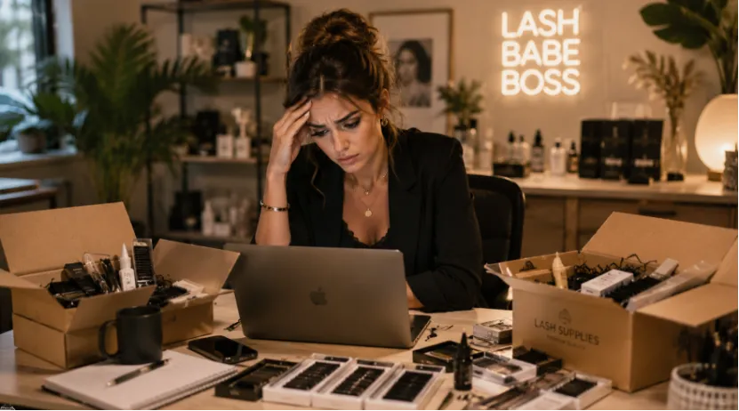 Stressed salon owner at a laptop surrounded by open lash supply boxes