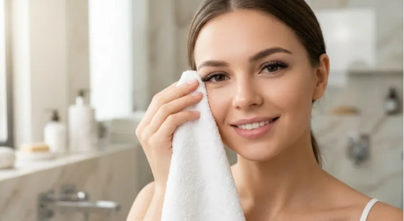 Woman gently patting her clean lash extensions dry with a soft towel