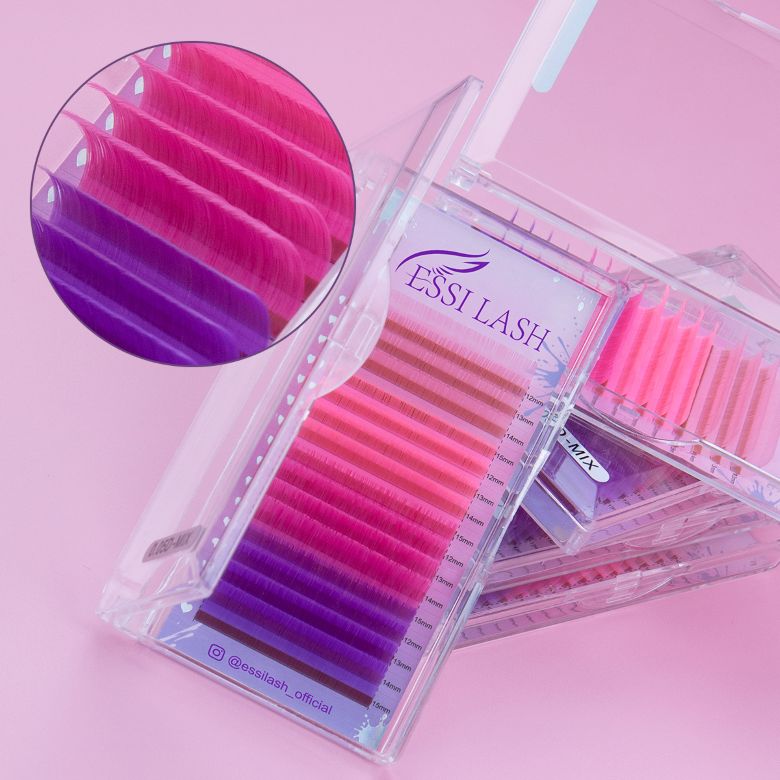 Pestañas postizas ESSI LASH de cachemira de color, elaboradas con fibra PBT coreana de primera calidad, con una duración de rizo de 4 a 6 semanas y una suavidad excepcional. Disponibles en varios colores y curvaturas, con opción de venta al por mayor con marca propia para salones de pestañas.