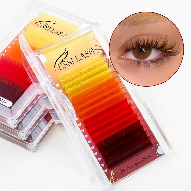 Pestañas postizas ESSI LASH de cachemira de color, elaboradas con fibra PBT coreana de primera calidad, con una duración de rizo de 4 a 6 semanas y una suavidad excepcional. Disponibles en varios colores y curvaturas, con opción de venta al por mayor con marca propia para salones de pestañas.