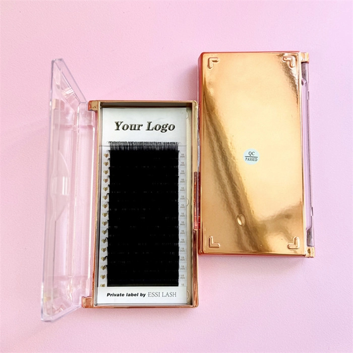 Custom private label mixed-length lash tray with black extensions in a rose gold box