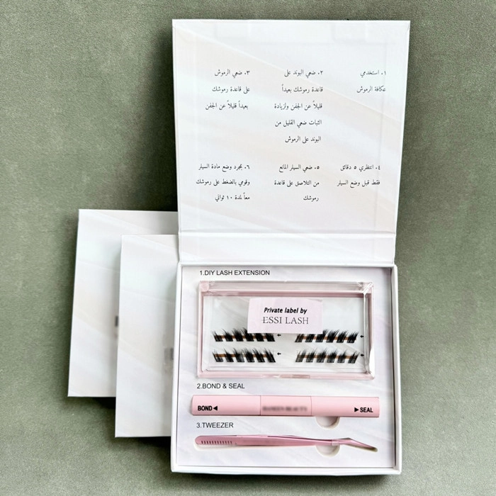 Private label bond-and-seal lash cluster kit with cluster lashes, 2-in-1 bond and seal, and tweezers