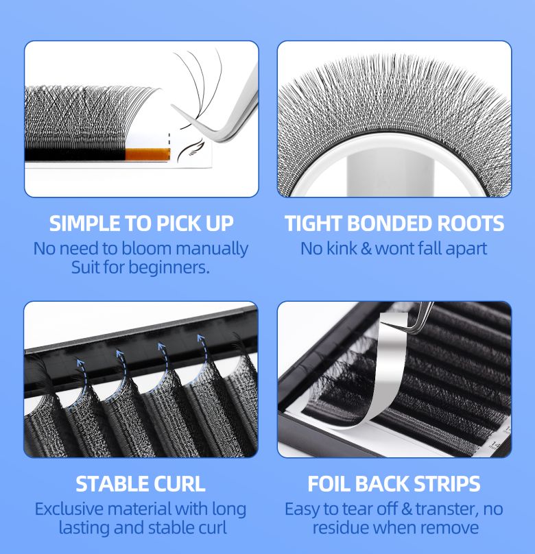 Discover the differences between YY, W Wide Fans and U Narrow shaped eyelash extensions. Our pre-bonded volume lashes require no manual blooming, friendly for new lash artists, cut application time, with tight roots & stable curls. Perfect for salon volume lash services.