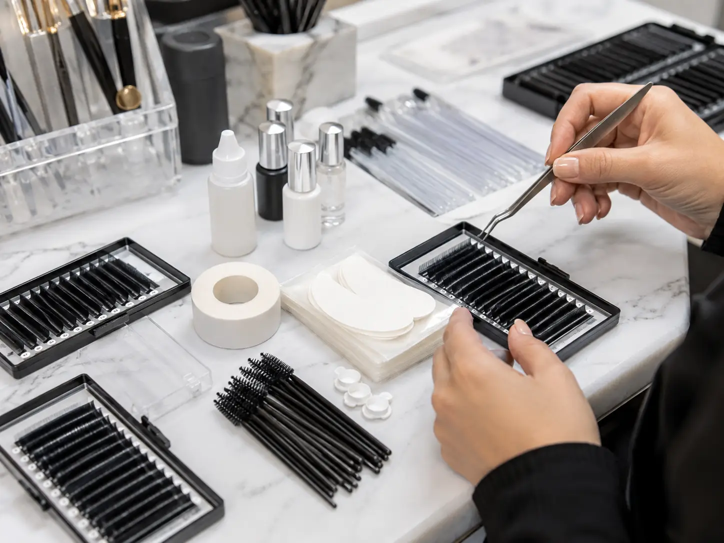 Close-up of lash artist picking individual eyelash extensions from a tray with precision tweezers