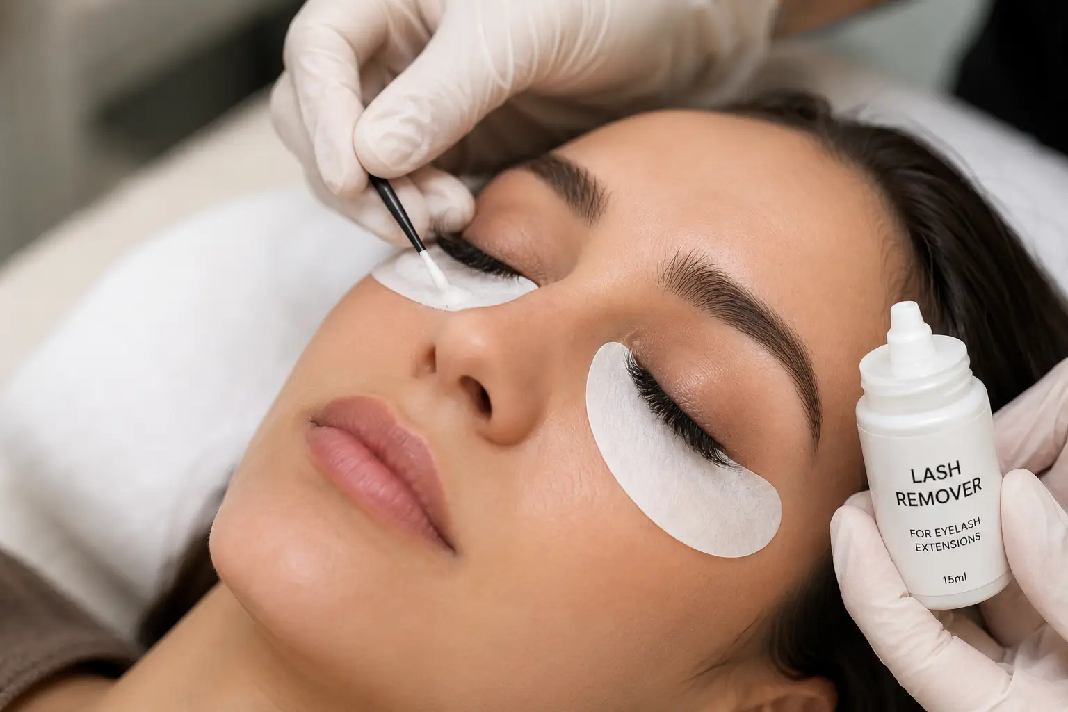 Lash technician applying lash remover cream to client's eyelash extensions with a micro-brush