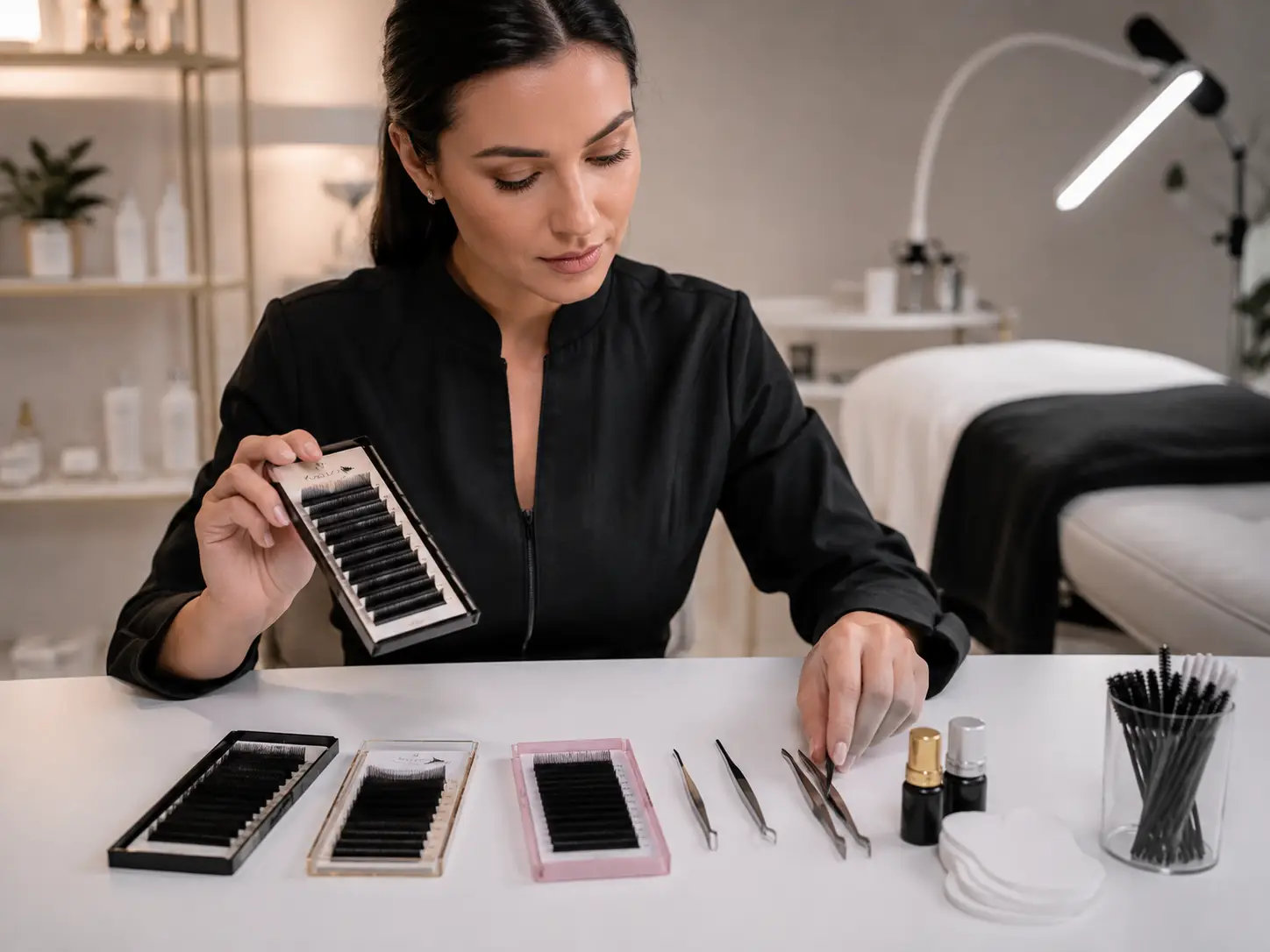 Professional lash technician preparing eyelash extension trays and application tools